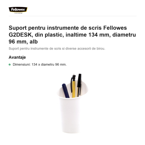 Suport pentru instrumente de scris Fellowes G2DESK, din plastic, inaltime 134 mm, diametru 96 mm, alb [1]