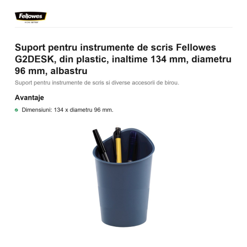 Suport pentru instrumente de scris Fellowes G2DESK, din plastic, inaltime 134 mm, diametru 96 mm, albastru [1]