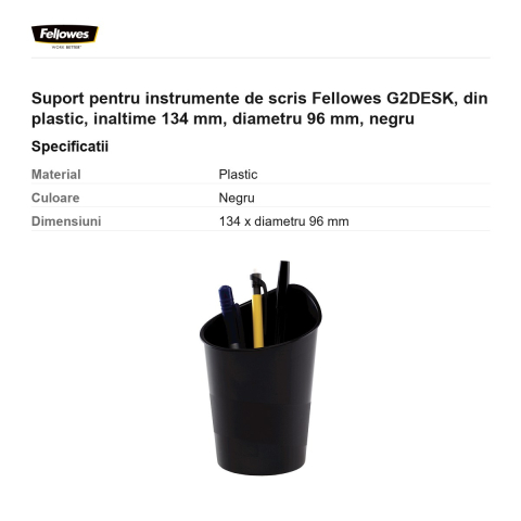 Suport pentru instrumente de scris Fellowes G2DESK, din plastic, inaltime 134 mm, diametru 96 mm, negru [2]
