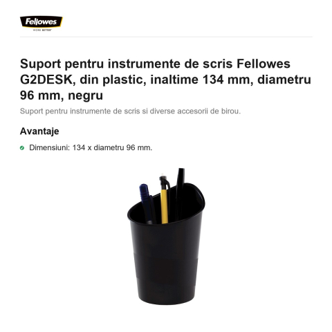 Suport pentru instrumente de scris Fellowes G2DESK, din plastic, inaltime 134 mm, diametru 96 mm, negru [1]