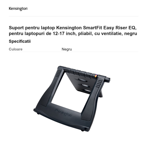 Suport pentru laptop Kensington SmartFit Easy Riser EQ, pentru laptopuri de 12-17 inch, pliabil, cu ventilatie, negru [2]