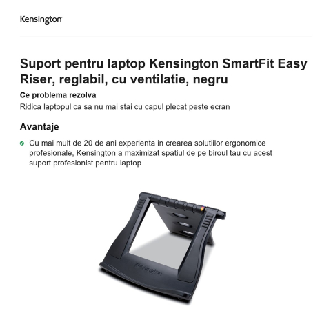 Suport pentru laptop Kensington SmartFit Easy Riser, reglabil, cu ventilatie, negru [1]