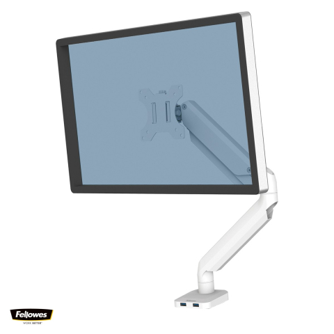 Birou & Ergonomie - Suport pentru monitor Fellowes Platinum, 1 brat, cu clema, pentru monitoare de maxim 32 inch si 8 kg, porturi USB, 54 x 11.6 x 51.4 cm, alb