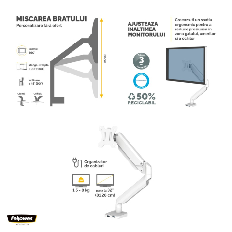 Suport pentru monitor Fellowes Platinum, 1 brat, cu clema, pentru monitoare de maxim 32 inch si 8 kg, porturi USB, 54 x 11.6 x 51.4 cm, alb [3]