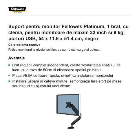 Suport pentru monitor Fellowes Platinum, 1 brat, cu clema, pentru monitoare de maxim 32 inch si 8 kg, porturi USB, 54 x 11.6 x 51.4 cm, negru [1]