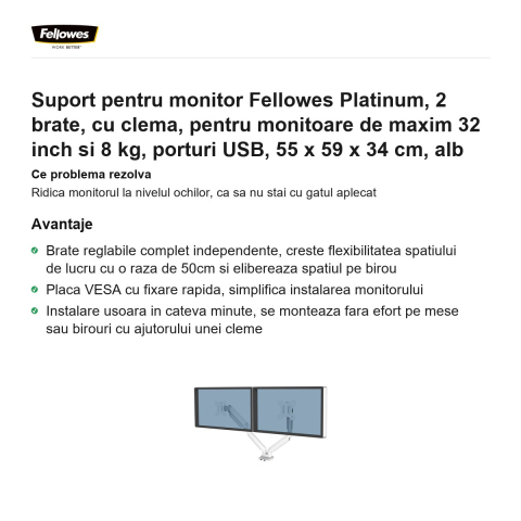 Suport pentru monitor Fellowes Platinum, 2 brate, cu clema, pentru monitoare de maxim 32 inch si 8 kg, porturi USB, 55 x 59 x 34 cm, alb [1]