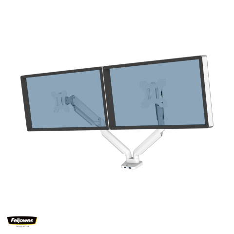Birou & Ergonomie - Suport pentru monitor Fellowes Platinum, 2 brate, cu clema, pentru monitoare de maxim 32 inch si 8 kg, porturi USB, 55 x 59 x 34 cm, alb