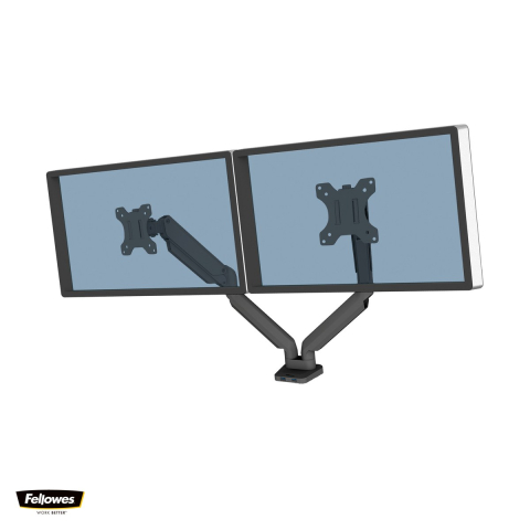 Birou & Ergonomie - Suport pentru monitor Fellowes Platinum, 2 brate, cu clema, pentru monitoare de maxim 32 inch si 8 kg, porturi USB, 55 x 59 x 34 cm, negru