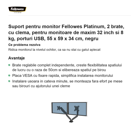 Suport pentru monitor Fellowes Platinum, 2 brate, cu clema, pentru monitoare de maxim 32 inch si 8 kg, porturi USB, 55 x 59 x 34 cm, negru [1]