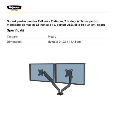 Suport pentru monitor Fellowes Platinum, 2 brate, cu clema, pentru monitoare de maxim 32 inch si 8 kg, porturi USB, 55 x 59 x 34 cm, negru [2]