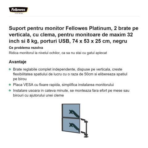 Suport pentru monitor Fellowes Platinum, 2 brate pe verticala, cu clema, pentru monitoare de maxim 32 inch si 8 kg, porturi USB, 74 x 53 x 25 cm, negru [1]