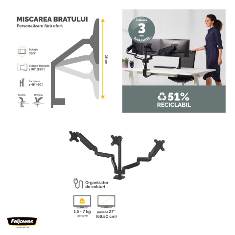 Suport pentru monitor Fellowes Platinum, 3 brate, cu clema, pentru monitoare de maxim 27 inch si 8 kg, porturi USB, 72 x 110 x 35 cm, negru [3]