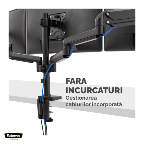Suport pentru monitor Fellowes Platinum, 3 brate, cu clema, pentru monitoare de maxim 27 inch si 8 kg, porturi USB, 72 x 110 x 35 cm, negru [4]
