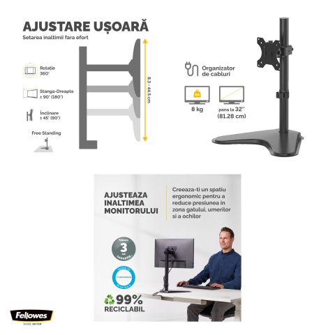 Suport pentru monitor Fellowes Professional, 1 brat, baza fixa, pentru monitoare de maxim 32 inch si 8 kg, VESA, 46.5 x 39 x 28 cm [3]