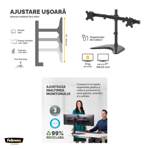 Suport pentru monitor Fellowes Professional, 2 brate, baza fixa, pentru monitoare de maxim 27 inch si 8 kg, VESA, 46.5 x 80.5 x 31.6 cm [3]