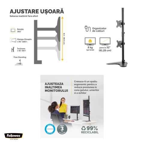 Suport pentru monitor Fellowes Professional, 2 brate pe verticala, baza fixa, pentru monitoare de maxim 32 inch si 8 kg, VESA, 90.5 x 39 x 28 cm [3]