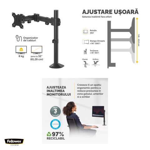 Suport pentru monitor Fellowes Reflex, 1 brat, pentru monitoare de maxim 32 inch si 8 kg, VESA, 55x12x49 cm [3]