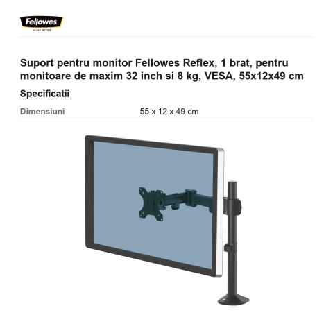 Suport pentru monitor Fellowes Reflex, 1 brat, pentru monitoare de maxim 32 inch si 8 kg, VESA, 55x12x49 cm [2]
