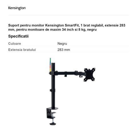 Suport pentru monitor Kensington SmartFit, 1 brat reglabil, extensie 283 mm, pentru monitoare de maxim 34 inch si 8 kg, negru [2]