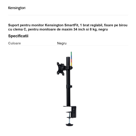 Suport pentru monitor Kensington SmartFit, 1 brat reglabil, fixare pe birou cu clema C, pentru monitoare de maxim 34 inch si 8 kg, negru [2]