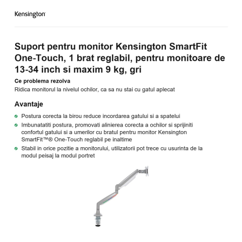 Suport pentru monitor Kensington SmartFit One-Touch, 1 brat reglabil, pentru monitoare de 13-34 inch si maxim 9 kg, gri [1]