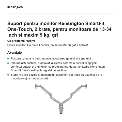 Suport pentru monitor Kensington SmartFit One-Touch, 2 brate, pentru monitoare de 13-34 inch si maxim 9 kg, gri [1]