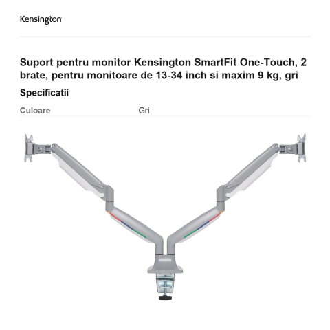 Suport pentru monitor Kensington SmartFit One-Touch, 2 brate, pentru monitoare de 13-34 inch si maxim 9 kg, gri [2]