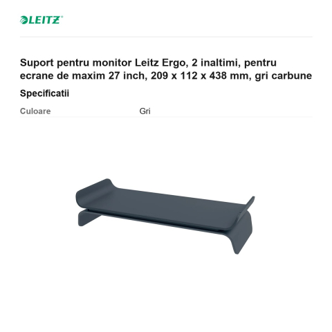 Suport pentru monitor Leitz Ergo, 2 inaltimi, pentru ecrane de maxim 27 inch, 209 x 112 x 438 mm, gri carbune [2]