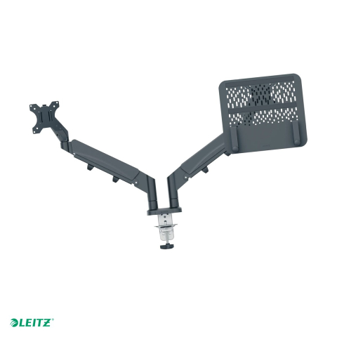 Birou & Ergonomie - Suport pentru monitor si laptop Leitz Ergo, 2 brate, fixare pe birou cu clema C, monitor de 17-32 inch si laptop de 13-17 inch, 1120 x 110 x 600 mm, gri carbune