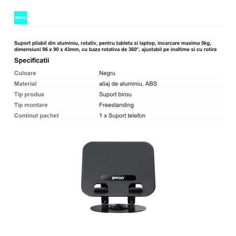 Suport pliabil din aluminiu, rotativ, pentru tableta si laptop, incarcare maxima 5kg, dimensiuni 96 x 90 x 43mm, cu baza rotativa de 360°, ajustabil pe inaltime si cu rotire la 180°, negru [2]