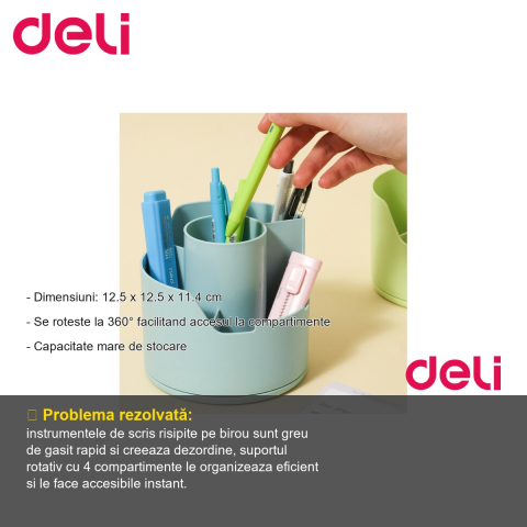 Suport rotativ Deli Longreen, 4 compartimente, din plastic reciclat, pentru instrumente de scris, birou organizat [1]