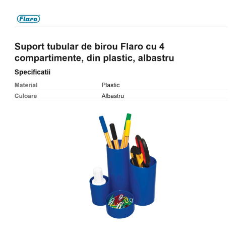 Suport tubular de birou Flaro cu 4 compartimente, din plastic, albastru [2]