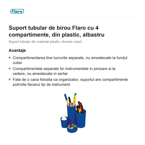 Suport tubular de birou Flaro cu 4 compartimente, din plastic, albastru [1]