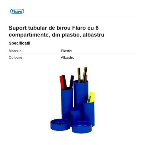 Suport tubular de birou Flaro cu 6 compartimente, din plastic, albastru [2]