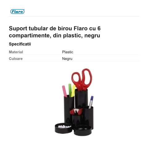 Suport tubular de birou Flaro cu 6 compartimente, din plastic, negru [2]