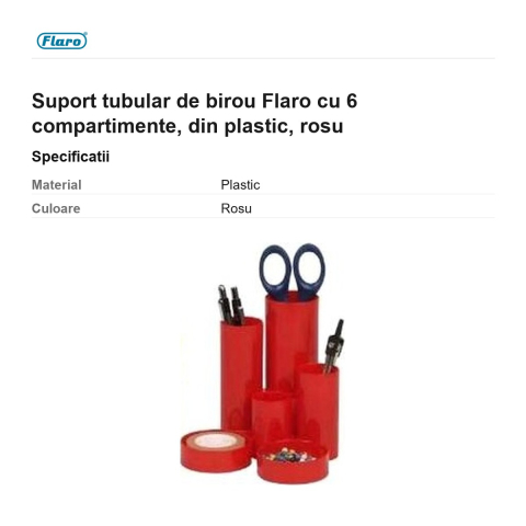 Suport tubular de birou Flaro cu 6 compartimente, din plastic, rosu [2]