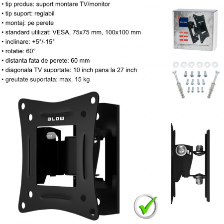 Suport TV/monitor universal, de perete, Blow 08174, rotire 60°, 10-27 inch, 15kg max, VESA 75x75mm/100x100mm, negru [6]