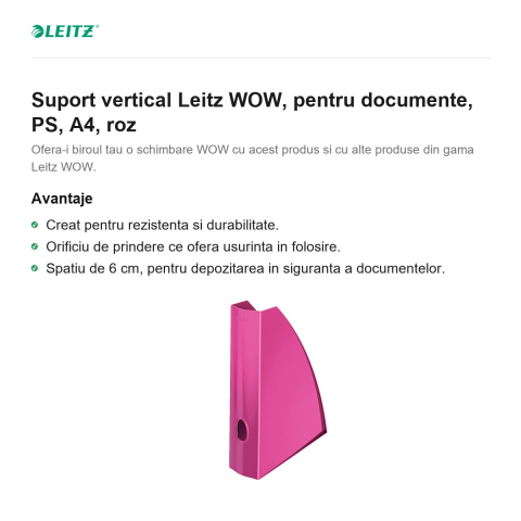 Suport vertical Leitz WOW, pentru documente, PS, A4, roz [1]
