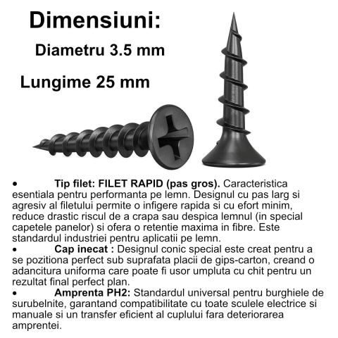 Surub autofiletant pentru gips-carton, 3.5x25 mm, filet rapid, pentru fixare pe lemn, cap inecat PH2, otel fosfatat [1]