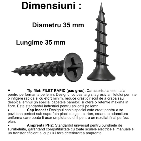 Surub autofiletant pentru gips carton, 3.5x35 mm, filet rapid, pentru fixare pe lemn, cap inecat PH2, otel fosfatat [1]