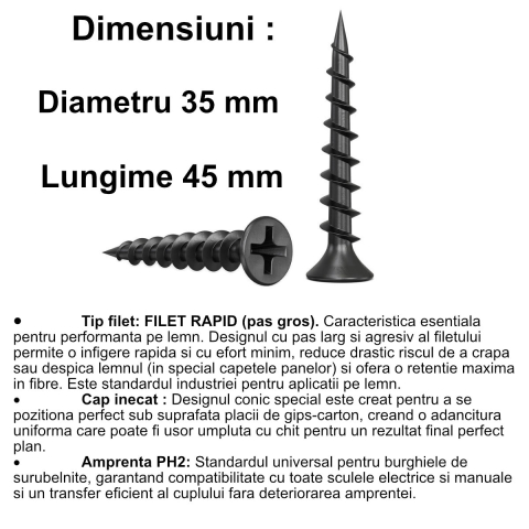 Surub autofiletant pentru gips-carton, 3.5x45 mm, filet rapid pentru lemn, cap inecat PH2, otel fosfatat [1]