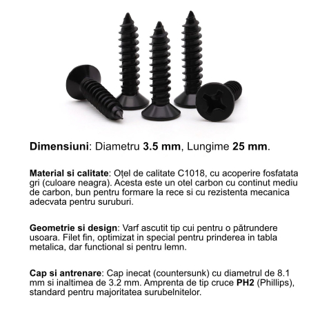 Surub universal pentru gips-carton, 3.5x25 mm, autofiletant, filet fin, cap inecat PH2, pentru profile metalice si lemn, otel fosfatat [1]