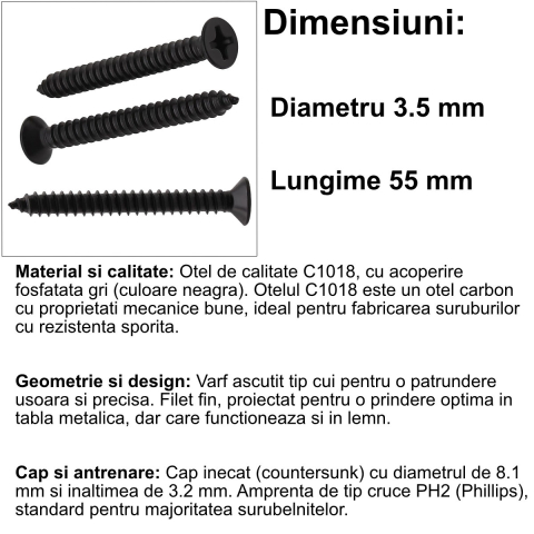 Surub universal pentru gips-carton, 3.5x55 mm, autofiletant, filet fin, cap inecat PH2, pentru profile metalice si structura lemn, otel fosfatat [1]