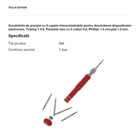 Surubelnita de precizie cu 6 capete interschimbabile pentru deschiderea dispozitivelor electronice, Triwing Y 0.6, Pentalob stea cu 5 colturi 0.8, Phillips 1.5 mm,plat 1.5 mm, Torx T5, Torx T6 [2]