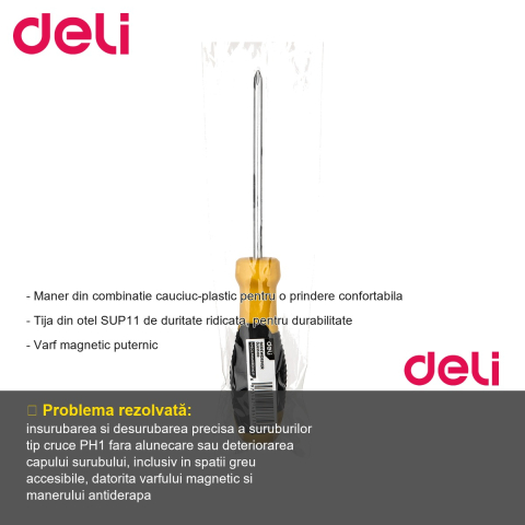 Surubelnita tip cruce Deli PH1, maner cauciuc-plastic antiderapant, varf magnetic, tija otel SUP11, pentru uz general [1]