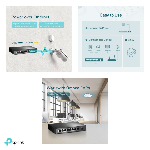 Switch desktop TP-Link TL-SG1008P, 8 porturi Gigabit, 4 porturi PoE+, buget PoE 64 W, Extend Mode 250 m, QoS, fara ventilator, TL-SG1008P [4]