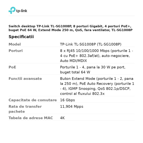 Switch desktop TP-Link TL-SG1008P, 8 porturi Gigabit, 4 porturi PoE+, buget PoE 64 W, Extend Mode 250 m, QoS, fara ventilator, TL-SG1008P [2]