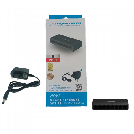 Switch Ethernet Gigabit cu 8 porturi RJ-45 10/100/1000 Mbps, 12V, cu incarcator, negru [2]
