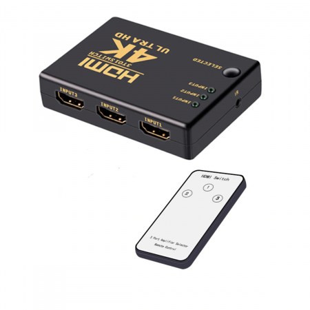 Adaptoare si convertoare - Hub HDMI 4K cu 3 intrari si 1 iesire, suporta 1080p, telecomanda inclusa