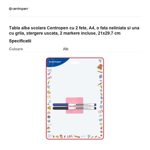 Tabla alba scolara Centropen cu 2 fete, A4, o fata neliniata si una cu grila, stergere uscata, 2 markere incluse, 21x29.7 cm [2]